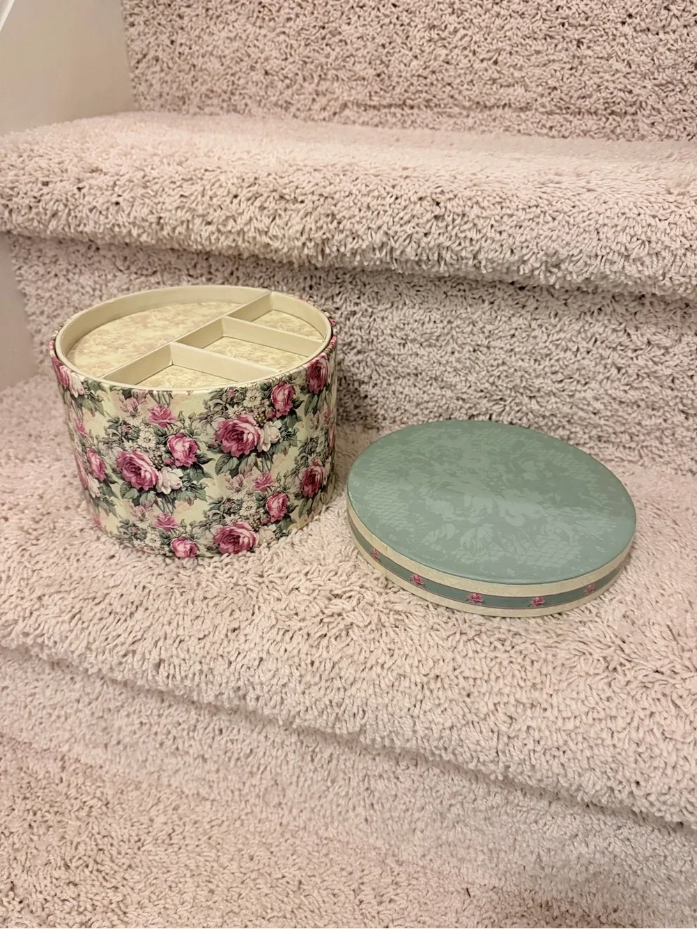 Floral Round Jewelry Organizer Box with Removable Tray - Pink